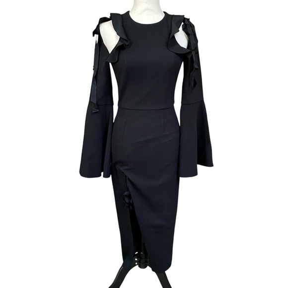 Rebecca Vallance Gigi Black Ruffle Midi Dress Cold Shoulder Sleeve Size 2 - Picture 4 of 16